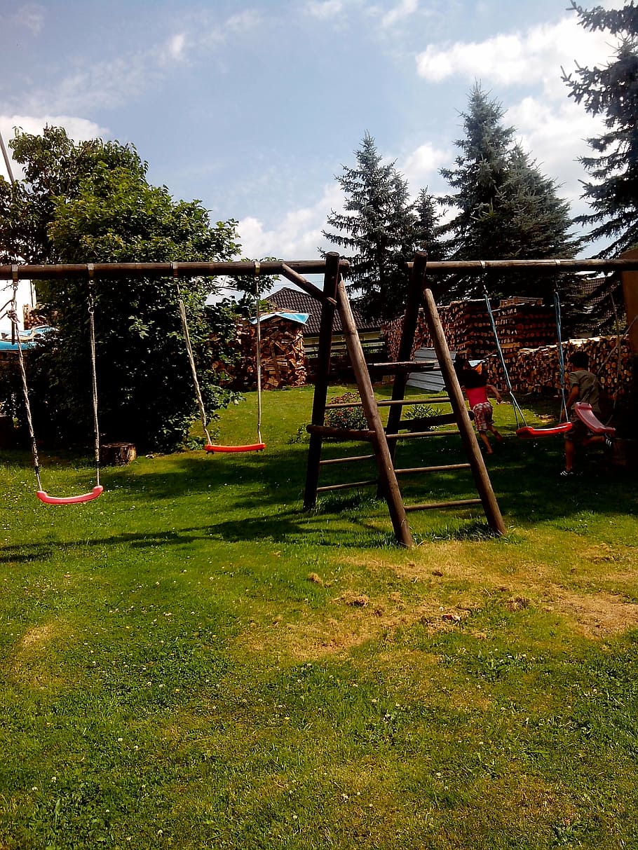 garden, swing, grass, tree, plant, playground, nature, cloud - sky HD wallpaper