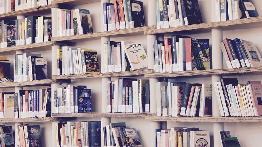 assorted books on brown wooden shelf, library, read, shelves, HD wallpaper