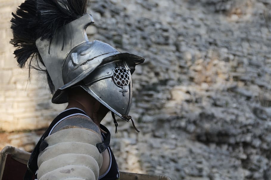 man with soldier helmet near the gray cliff photo, gladiator, HD wallpaper