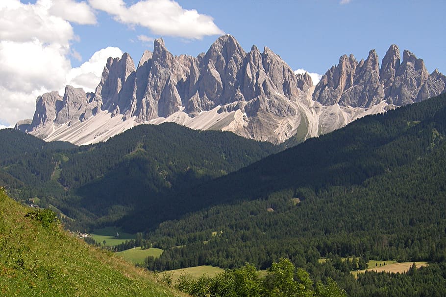 dolomites, mountain, mountains, funes, south tyrol, view, sky, HD wallpaper