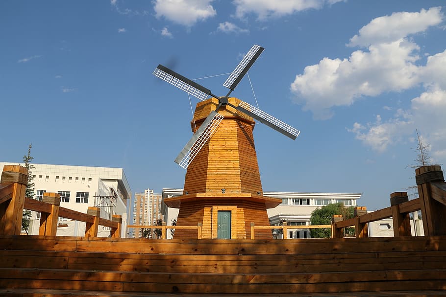 hulunbeir, windmill, blue sky, white cloud, renewable energy HD wallpaper