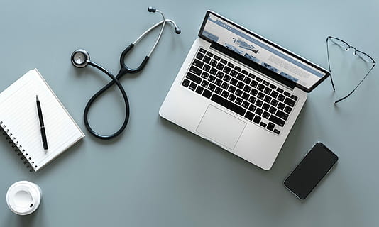 silver MacBook, aerial view, computer, desk, device, devices HD wallpaper
