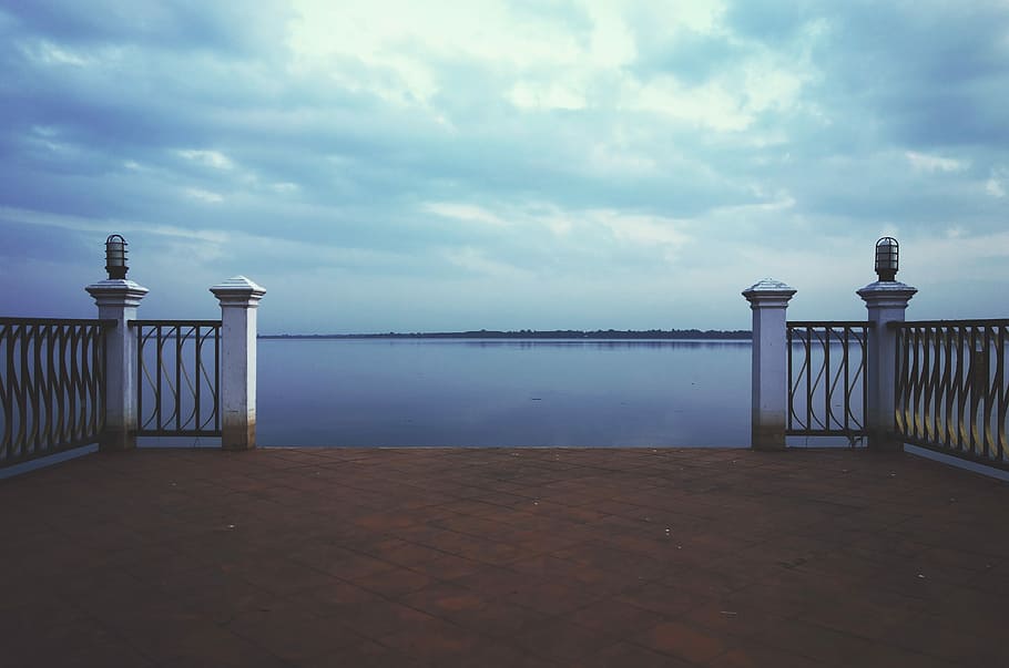 View, Lake, Clouds, Water, Fence, Gate, posts, calm, tranquil, HD wallpaper