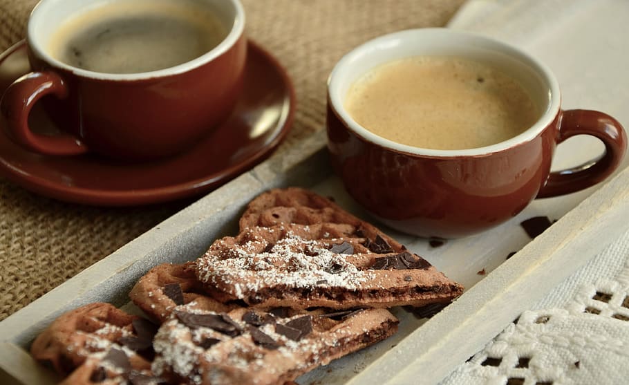 two brown-and-white ceramic teacups, coffee, coffee cup, aroma HD wallpaper