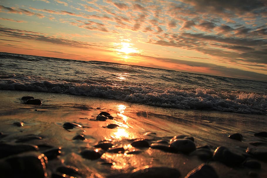 Ocean Taken Photo during Sunset, beach, beauty, clouds, coast HD wallpaper