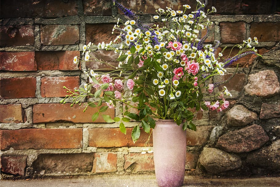 pink rose flowers, white aster flowers, and lavender flowers in pink vase beside brown bricked wall, HD wallpaper