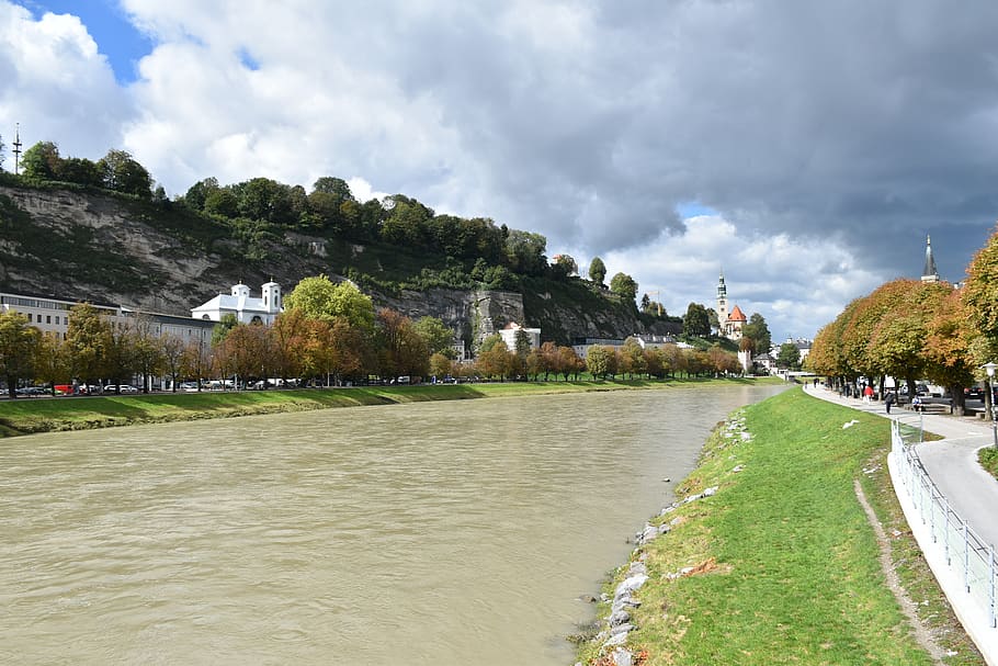 clouds, river, water, outdoor, sky, cloud - sky, tree, architecture HD wallpaper