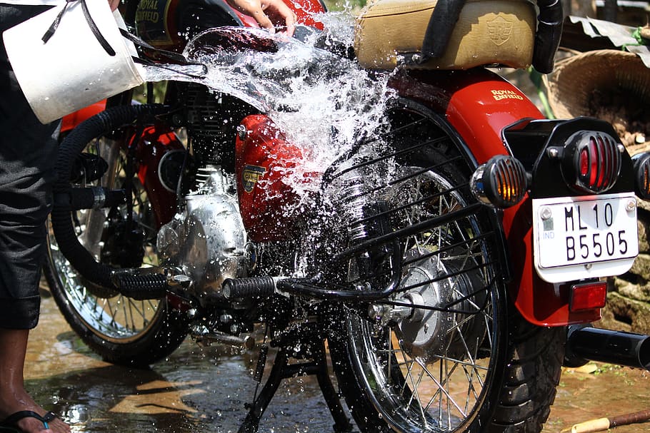 shillong water splash, bike royal enfield, car wash, mode of transportation, HD wallpaper
