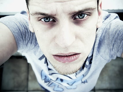 man's wearing gray shirt, portrait, face, pale, expressive HD wallpaper