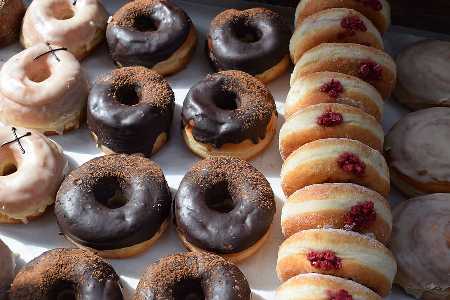 doughnuts, snacks, jam, bakery, glazed, pastry, sugar, dessert HD wallpaper