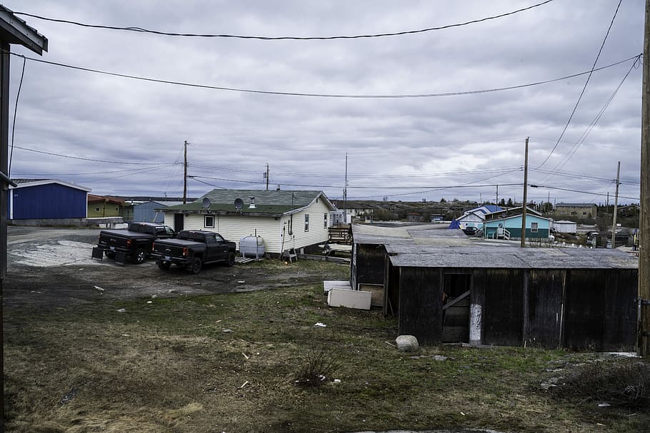 Houses and buildings in the town in Dettah, canada, clouds, northwest territories HD wallpaper