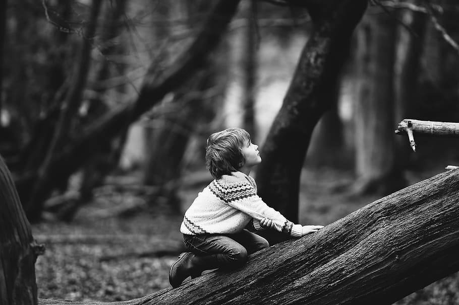 grayscale photography of child in sweater and pants, boy, kid HD wallpaper
