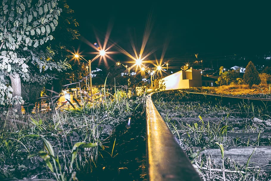 light, city, grass, railroad, infrastructure, perspective, railway HD wallpaper