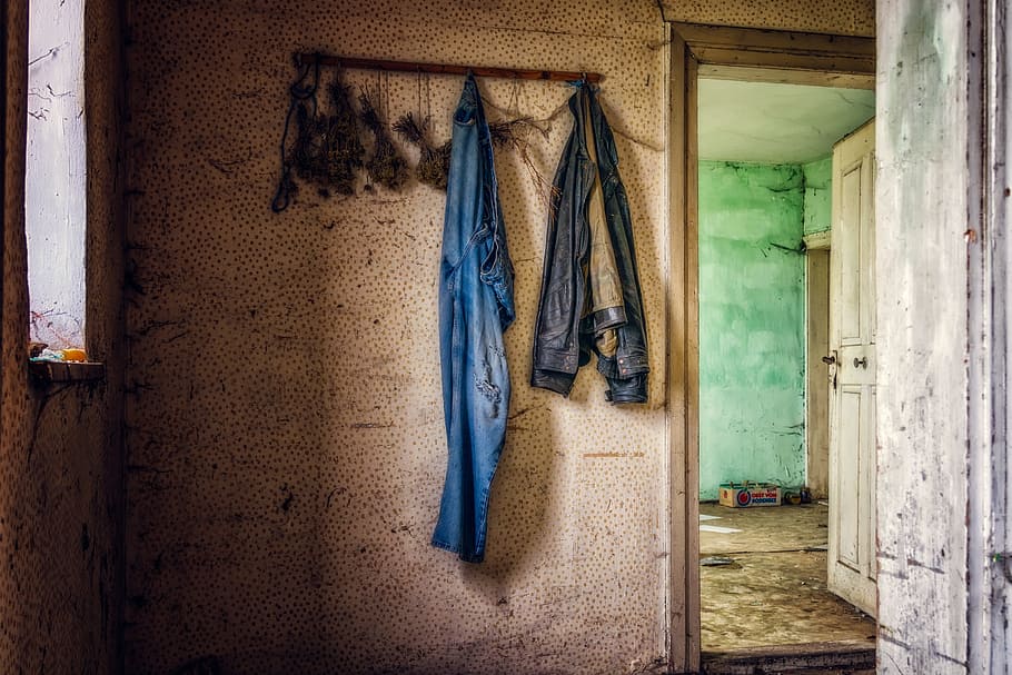 black and blue clothes on wall, lost places, building, abandoned places