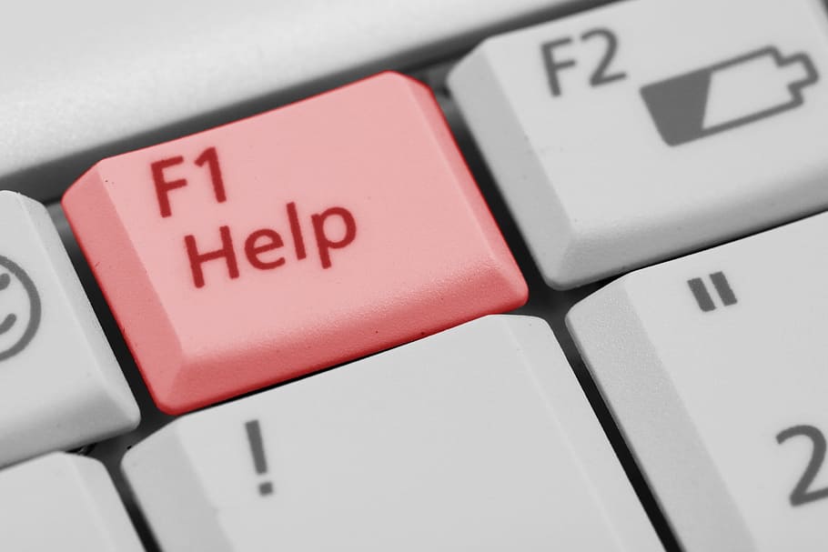 computer gray keyboard with red F1 help button, buttons, design HD wallpaper