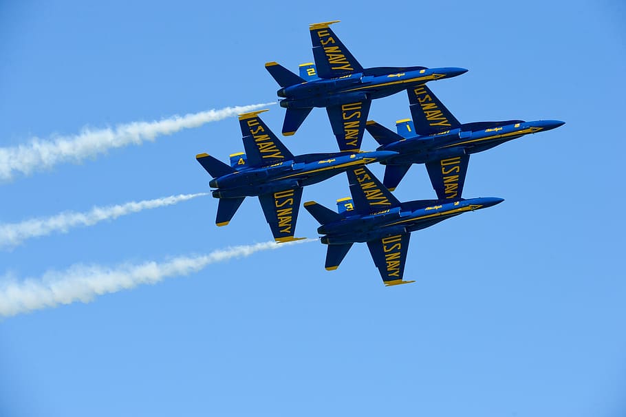 four blue jet planes, blue angels, navy, precision, training HD wallpaper