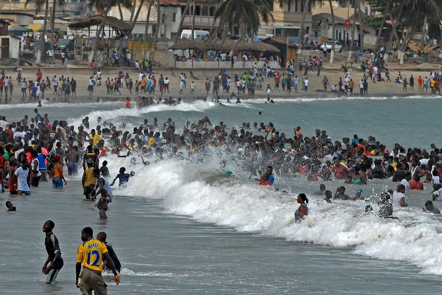 ghana, easter, beach, swim, fun bathing, water, group of people HD wallpaper