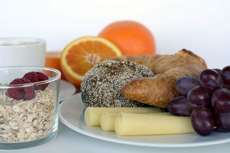 ripe grape with croissant, breakfast, coffee, oranges, cheese HD wallpaper