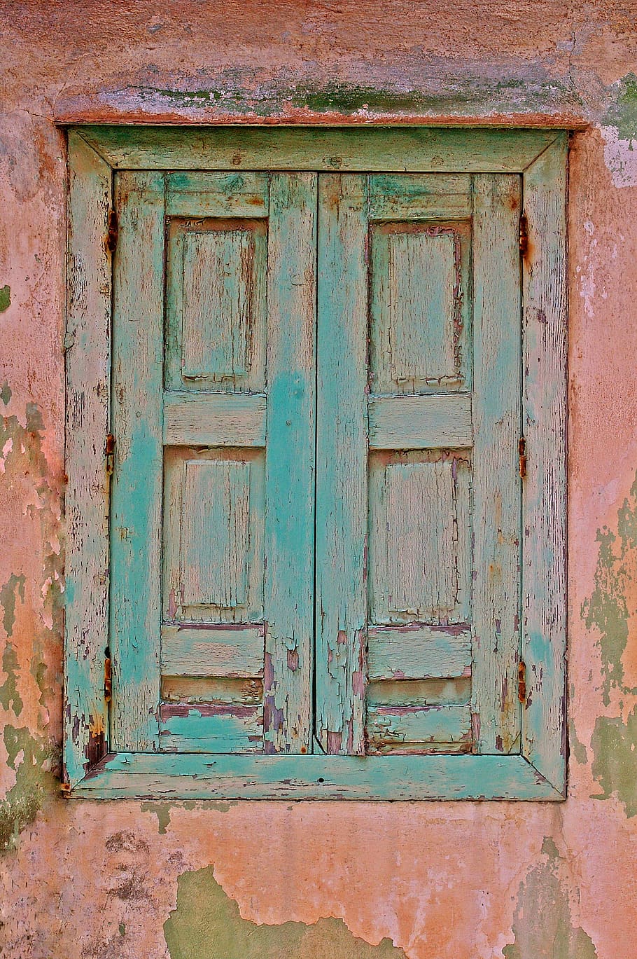 teal wooden cabinet, samos, greece, old window, nostalgia, shutters HD wallpaper