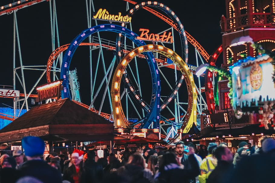 group of people on carnival during night, Carnival Park with roller coaster HD wallpaper