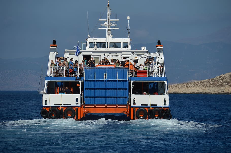 ferry, greece, chalki, boat, sea, sunshine, people, water, island hopping HD wallpaper