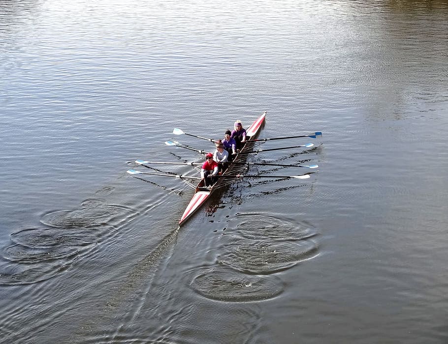 four persons riding boat on body of water, Rowing, Boat, River HD wallpaper