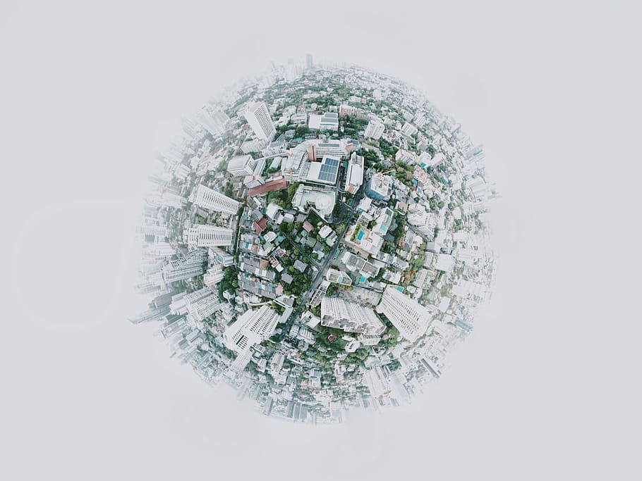 fish eye photography of city, little earth photography of high-rise buildings HD wallpaper