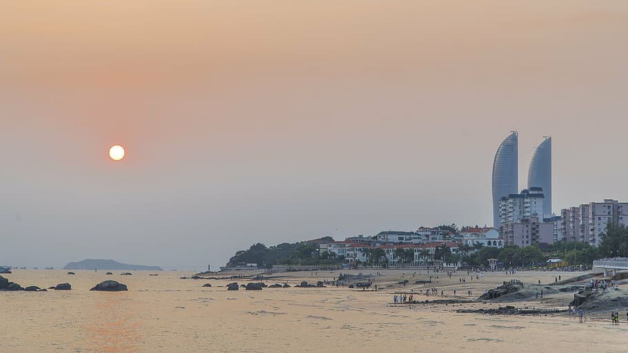 sunset, china, beach, sand, sea, bay, ocean, asia, architecture HD wallpaper