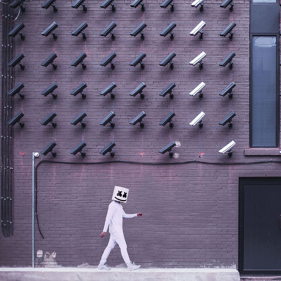 Marshmello standing near wall, man, white, black, mask, gray HD wallpaper