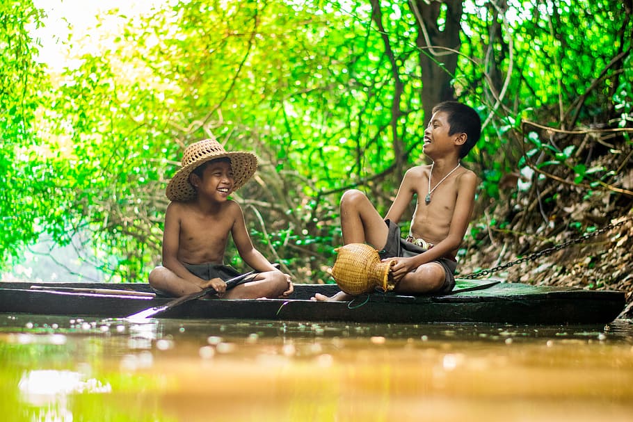 two boys on canoe smiling on rive r, Water, Play, Kids, De, Outdoor