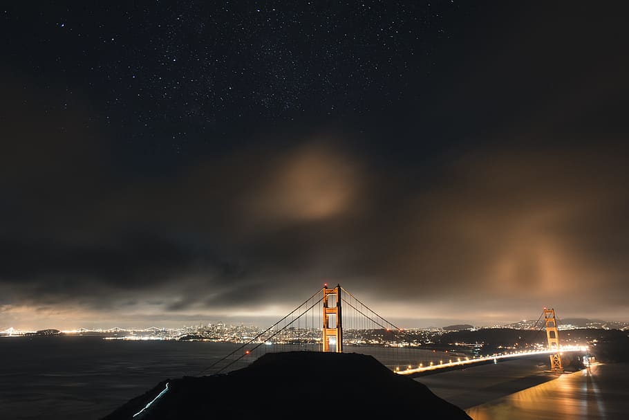 lighted Golden Bridge during night time, golden gate bridge HD wallpaper