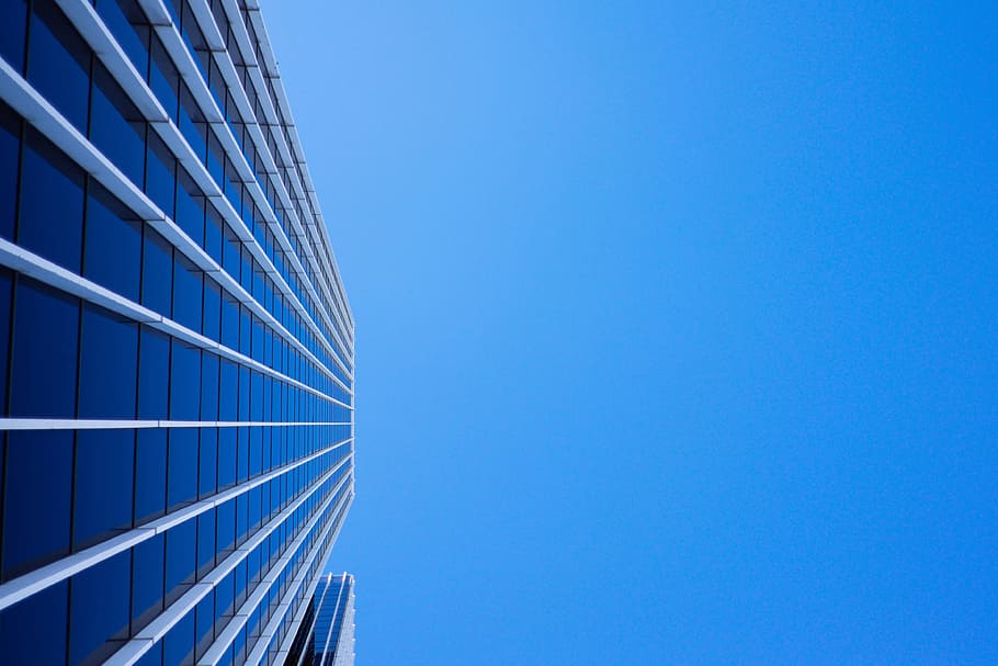 low-angle photo of curtain wall high-rise building under blue clear sky at daytime HD wallpaper