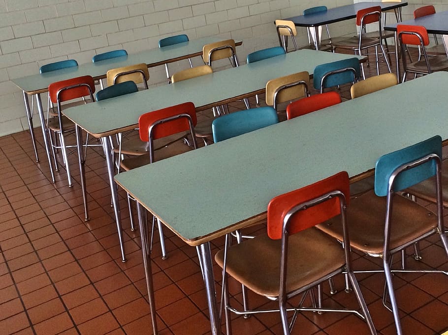 blue, gray and brown dining tables, education, cafeteria, student HD wallpaper