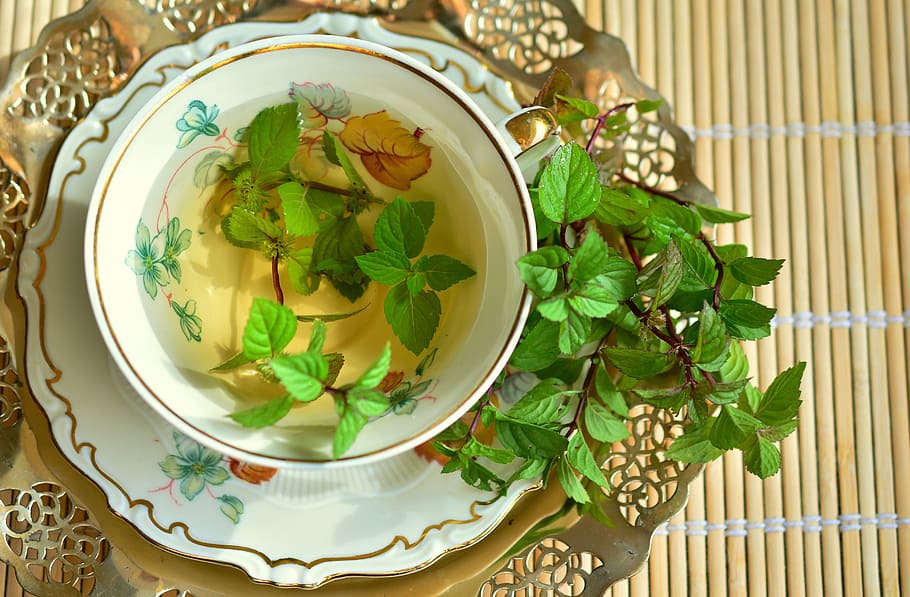 green leaf plant on bowl with liquid inside, peppermint, peppermint tea, HD wallpaper