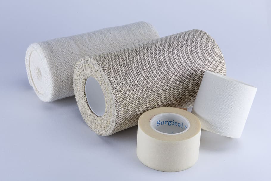 two gray gauges beside adhesive tapes, bandage, gauze, treatment, HD wallpaper