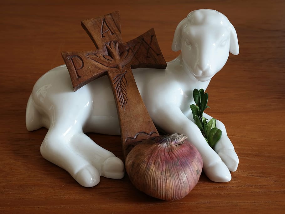 white ceramic goat figurine, easter, lamb, cross, easter greeting HD wallpaper