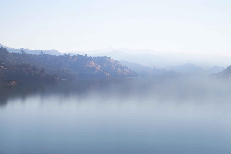 yosemite, lake, fog, mountains, water, nature, landscape, mood