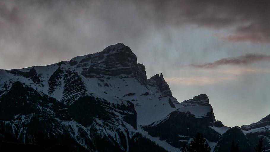 gray mountain, snow studded mountain, mountain range, cloudy HD wallpaper