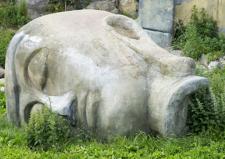 stone face, sculpture, main, statue, plant, grass, day, nature HD wallpaper
