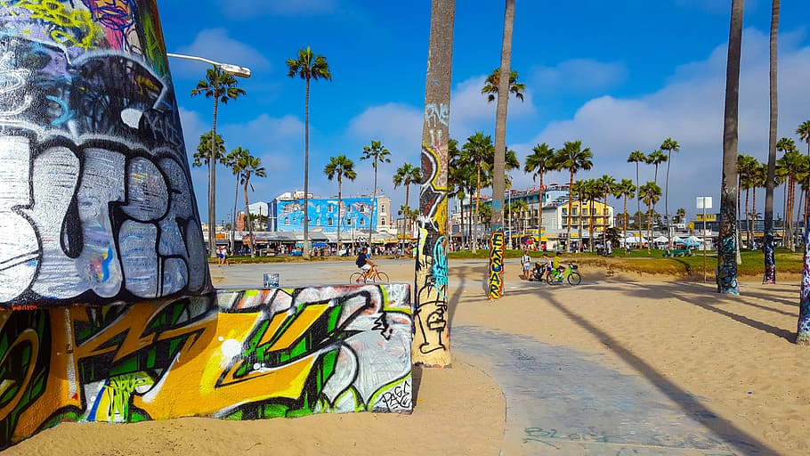 Venice Beach, Beach, Sand, art, street art, sky, blue, palm
