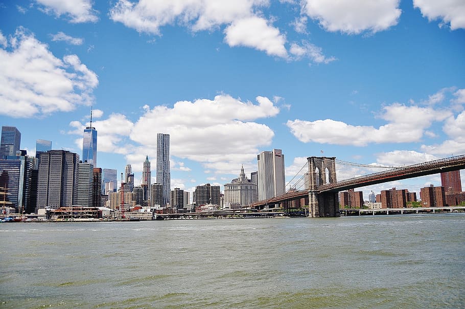 bridge over body of water and high-rise building under blue sky HD wallpaper