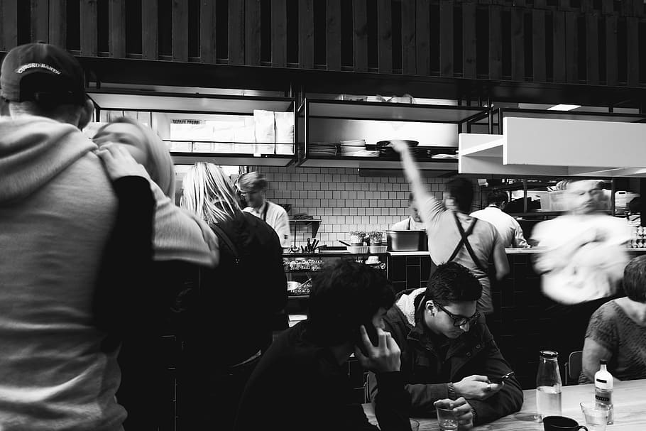 grayscale photo of people inside building, grayscale photography of people inside room HD wallpaper