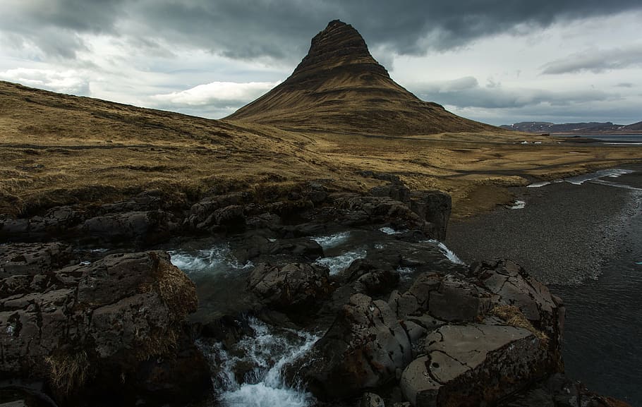 highlands, mountain, nature, river, sky, iceland, landscape HD wallpaper