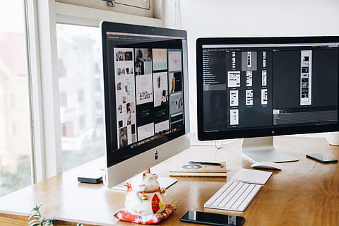 apple, desk, office, table, computer, decor, design, devices HD wallpaper