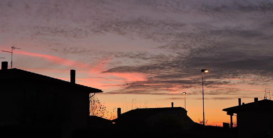 sunset, house, clouds, sky, fireplace, silhouettes, twilight HD wallpaper