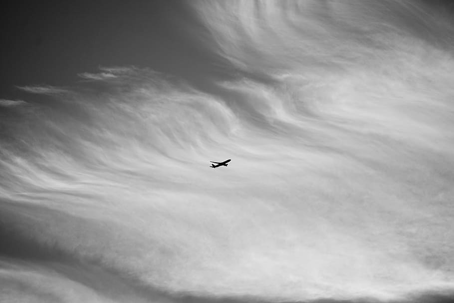 flying airplane, grayscale photo of plane in mid-air, sky, cloud HD wallpaper
