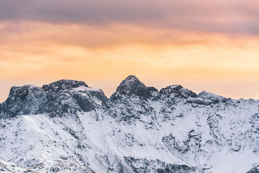 clouds, sky, sunset, mountain, peak, summit, valley, snow, winter HD wallpaper