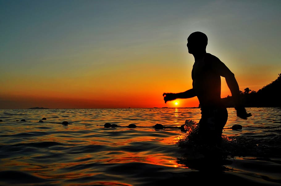 silhouette photography of man in water, body, sea, ocean, wave HD wallpaper