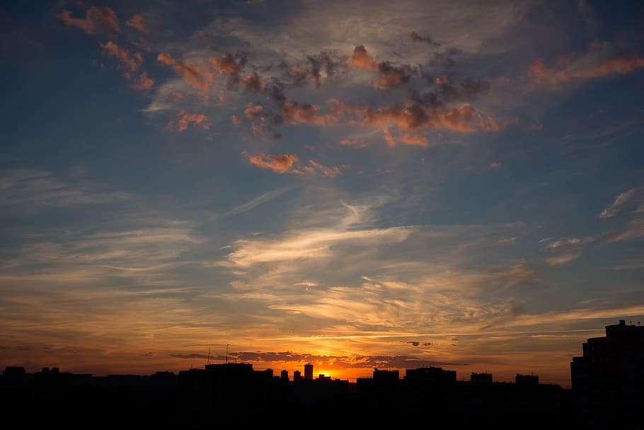 Silhouettes of Buildings during Golden Hour, backlit, clouds HD wallpaper
