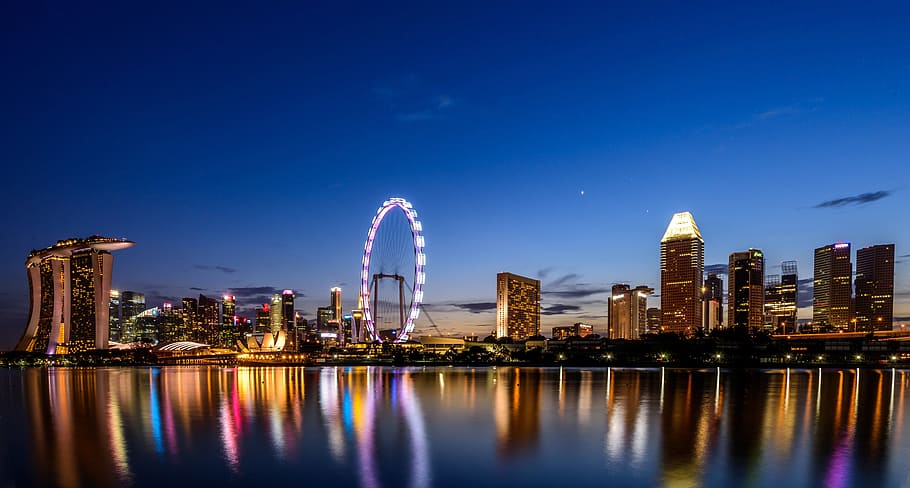ferris wheel surrounded by building under blue sky, landscape photography of cityscape HD wallpaper